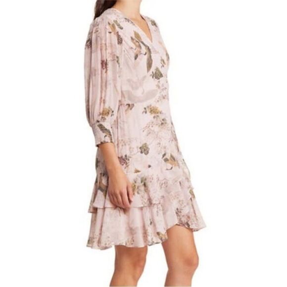 NWT AllSaints Ari Peggy Floral Print Wrap Dress in Dusty Pink-U3 - Picture 2 of 8